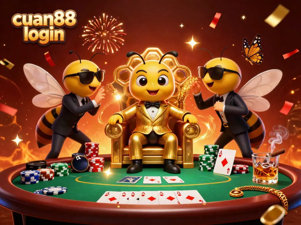 Experience the cuan88 login under a vibrant casino scene with a bumblebee mob boss and poker elements.