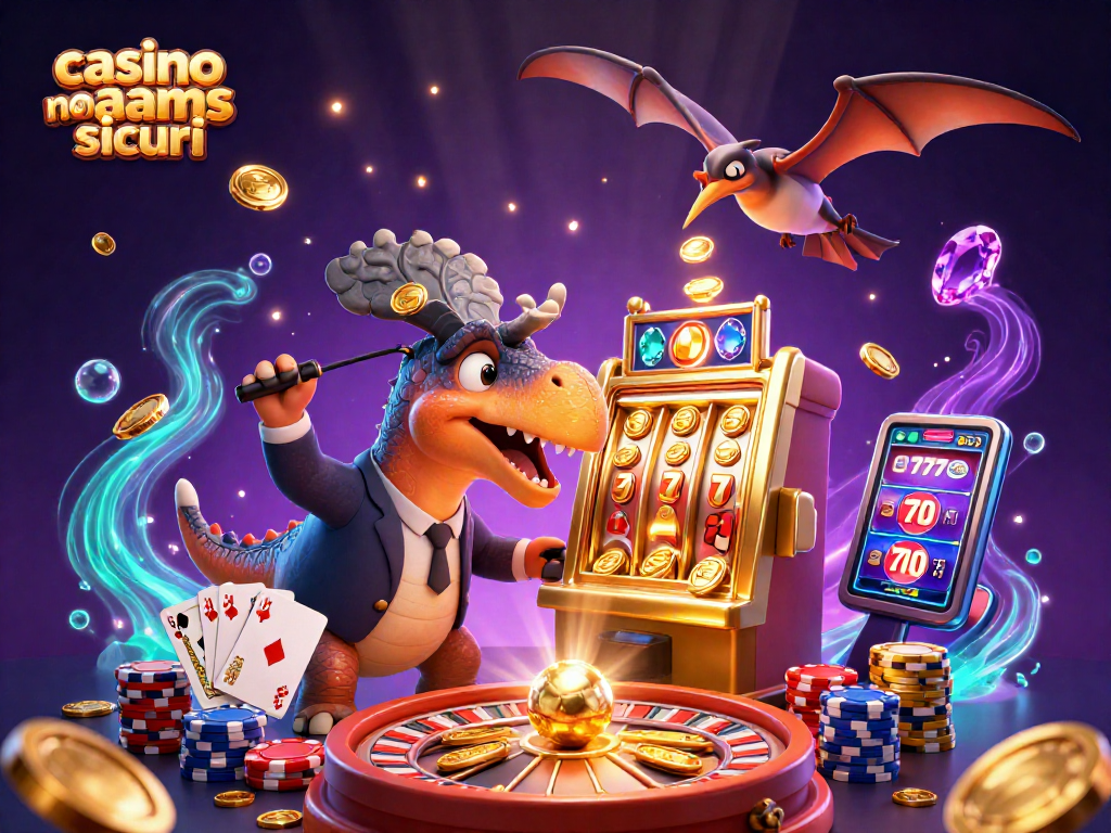 Coinvolgi i giocatori con slot machine dorate nei casinò non AAMS sicuri, mentre personaggi preistorici animano l'azione.