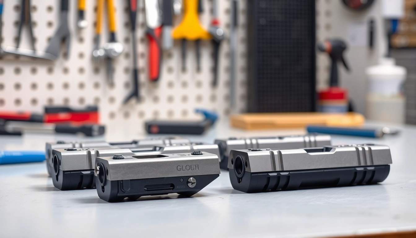 Explore the craftsmanship of Glock 17 slides featuring intricate designs and metallic textures.