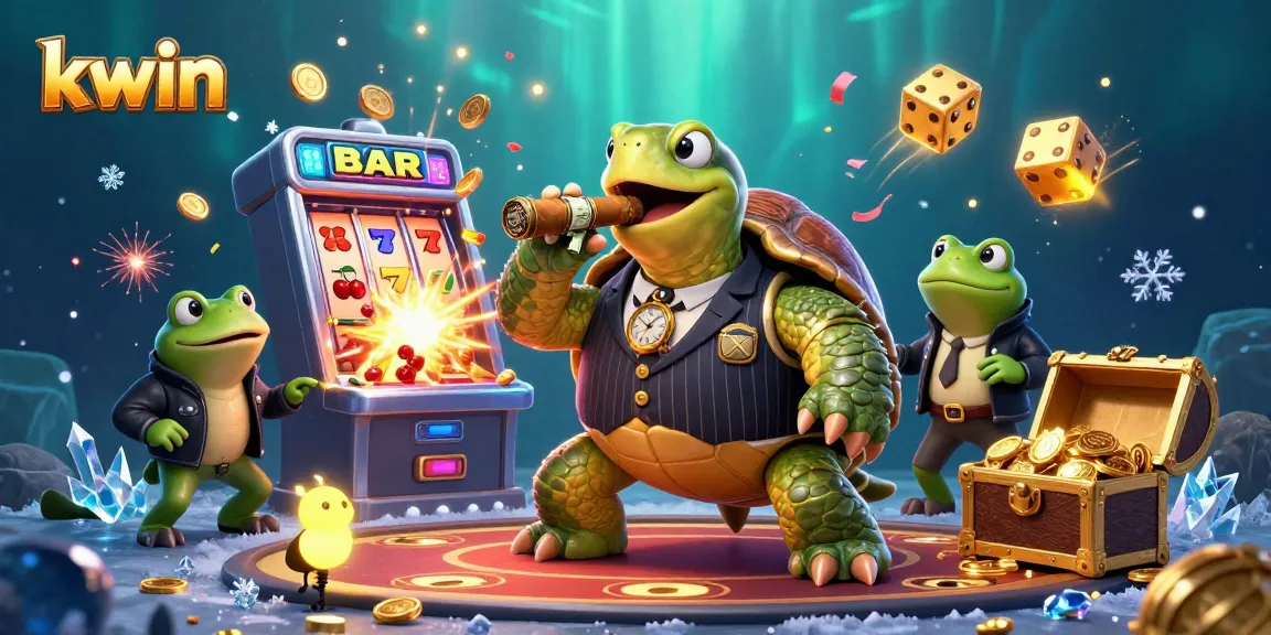 Kwin showcases a massive snapping turtle in a suit and bullfrog enforcers amidst dynamic casino elements.
