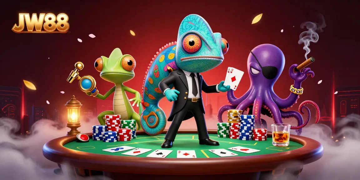 Experience thrilling poker action at JW88 with colorful characters in a vibrant casino scene.