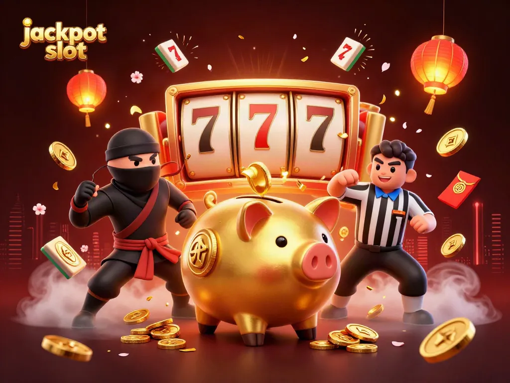 Engaging 3D illustration highlighting jackpot slot gaming with vivid characters and dynamic slot symbols.