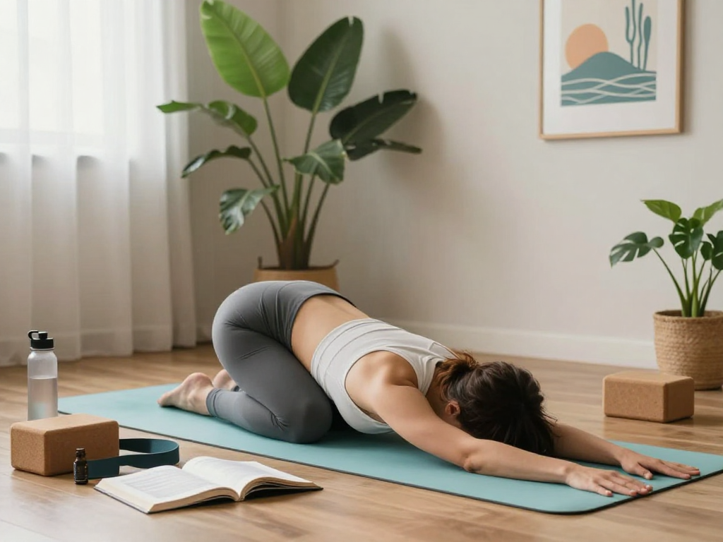 Individual practicing yoga in a serene home setting, mantra88 promoting wellness and tranquility.