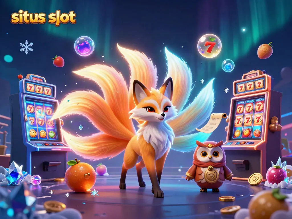 Engaging illustration of situs slot showcasing a vibrant nine-tailed fox and an owl among dynamic slot game elements.