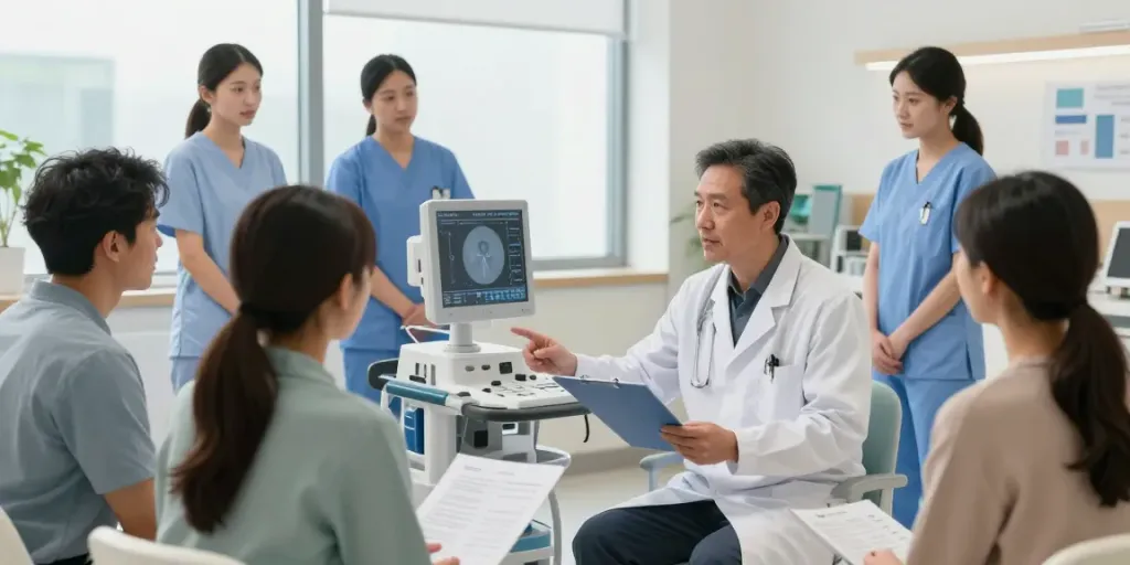 Advanced heart failure care discussion in a welcoming healthcare setting with patients and cardiologists.