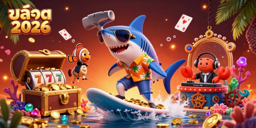Spin to win with สล็อต 2026 featuring a vibrant scene of underwater characters celebrating their casino adventure.