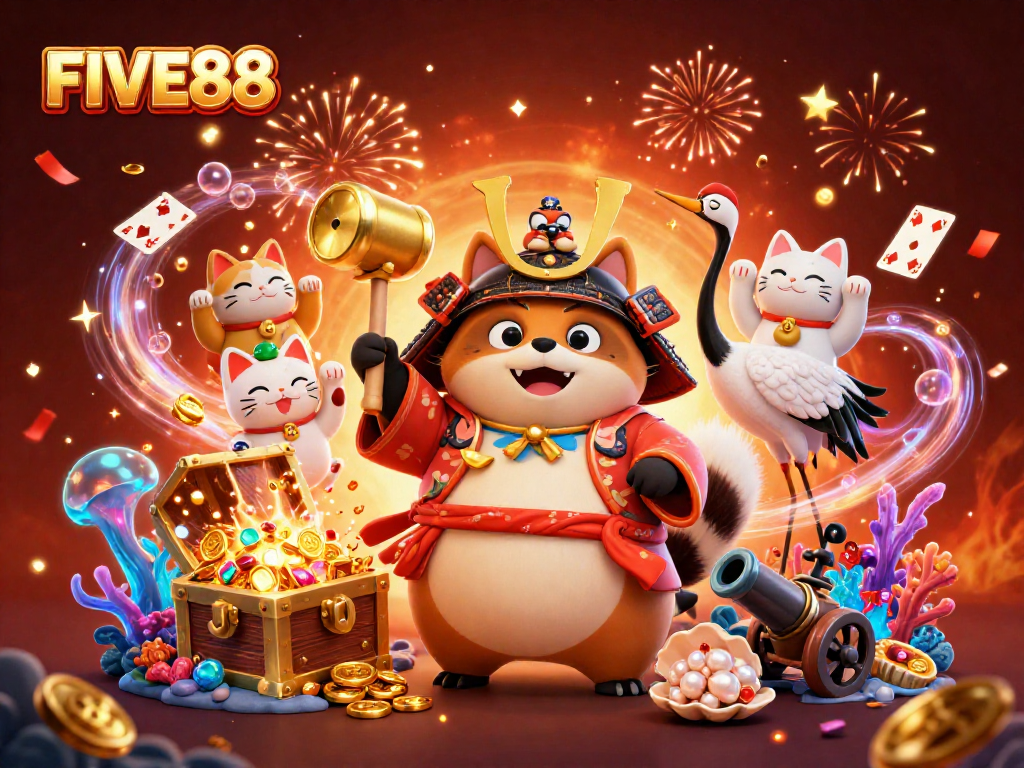 Experience the excitement of gaming with FIVE88 in this vibrant 3D illustration featuring a lucky tanuki and fortune cats.