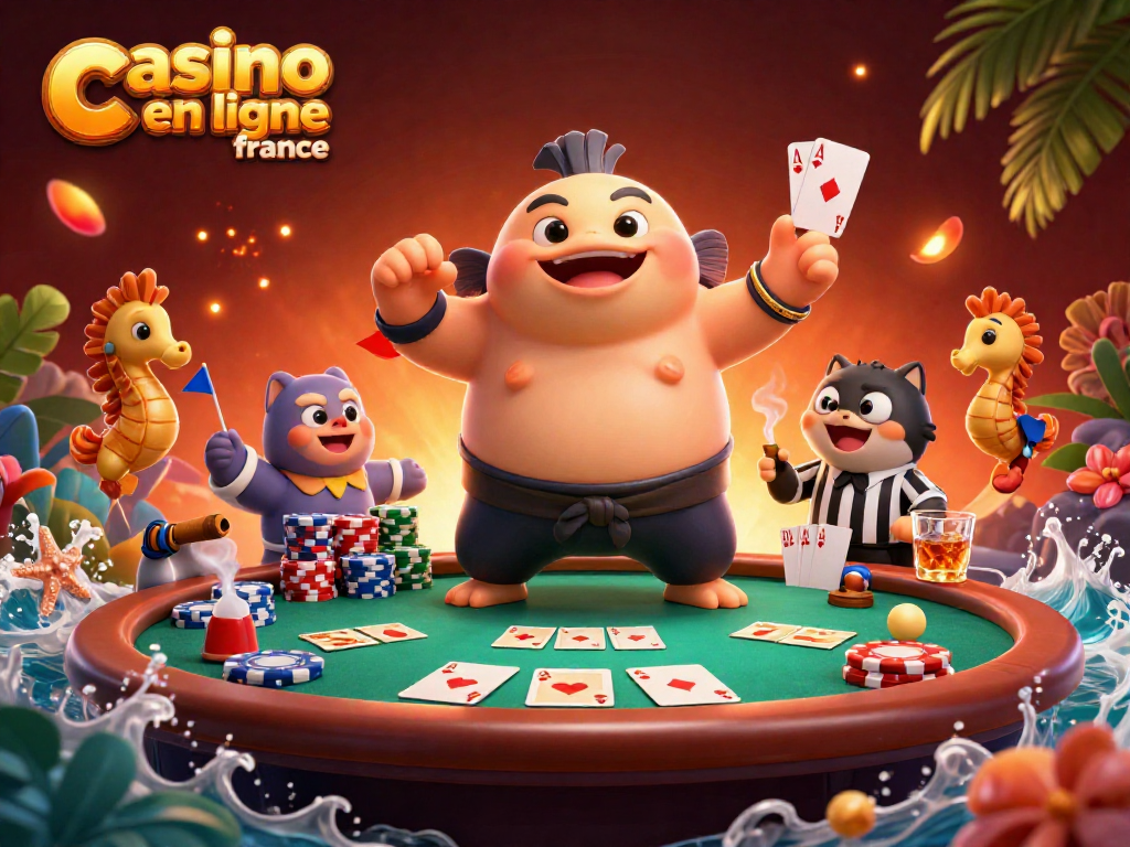 Illustration animée représentant un poisson fugu en sumo dans un casino en ligne France, entouré de jetons de poker.