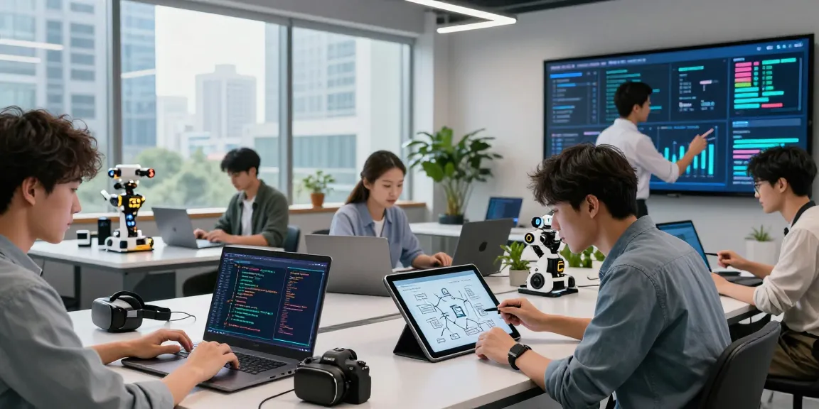 Innovative workspace showcasing ai 18+ coding activities and collaboration among young professionals in a dynamic digital landscape.