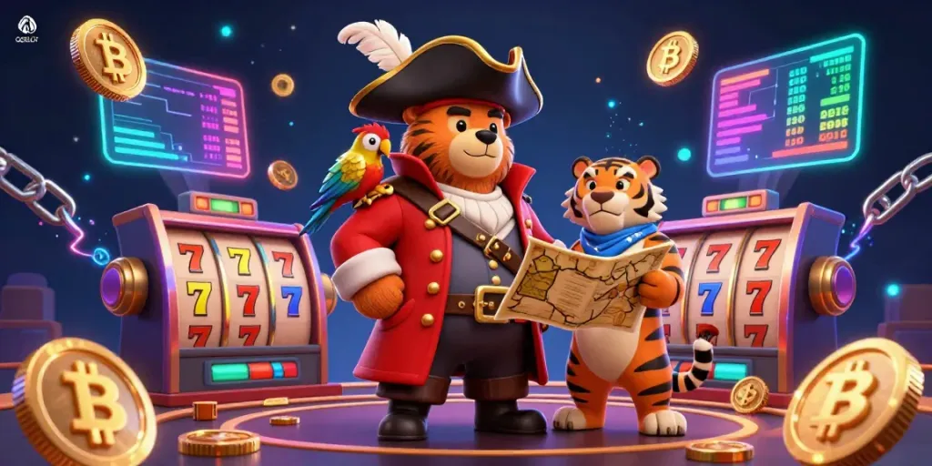 Engage with QQSLOT featuring a 3D cartoon pirate bear and tiger in a vibrant gambling scene.
