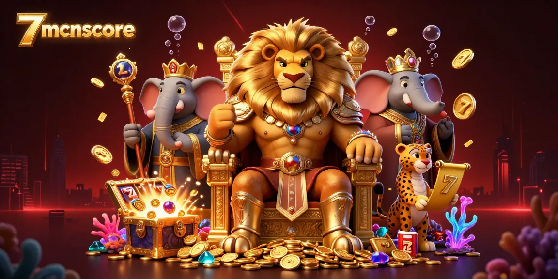 Engage with 7mcnscore's vibrant casino scene featuring a lion king and dynamic game elements.
