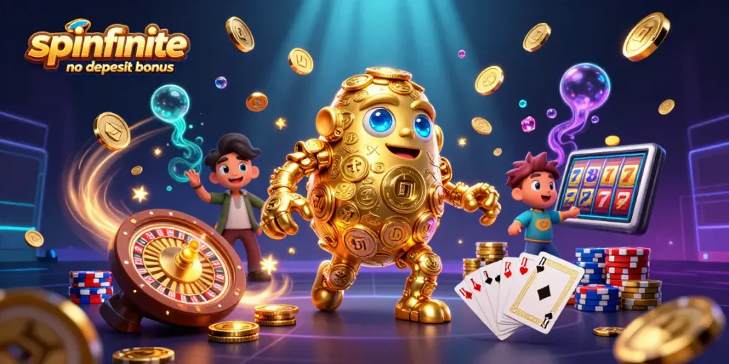 Spinfinite no deposit bonus shown as 3D golden golem surrounded by casino game elements.
