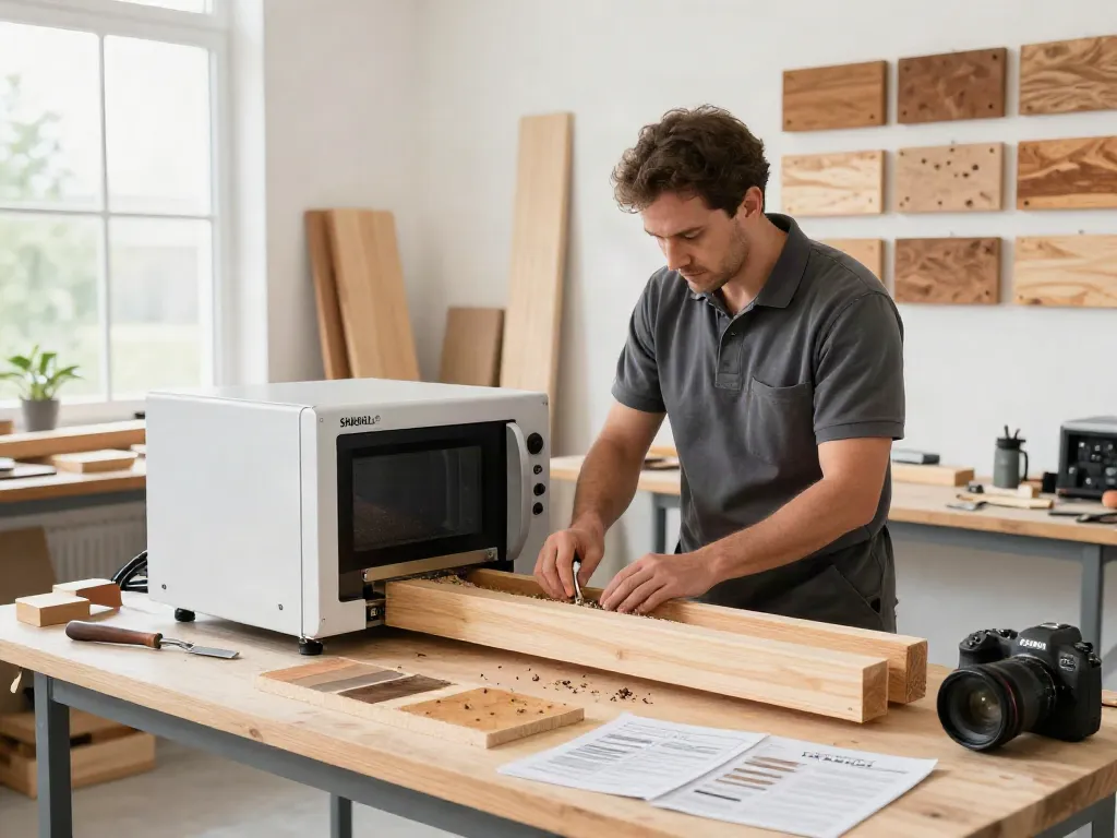 SHASHEL® microwave equipment in action, effectively eliminating wood-boring insects in a bright workshop.