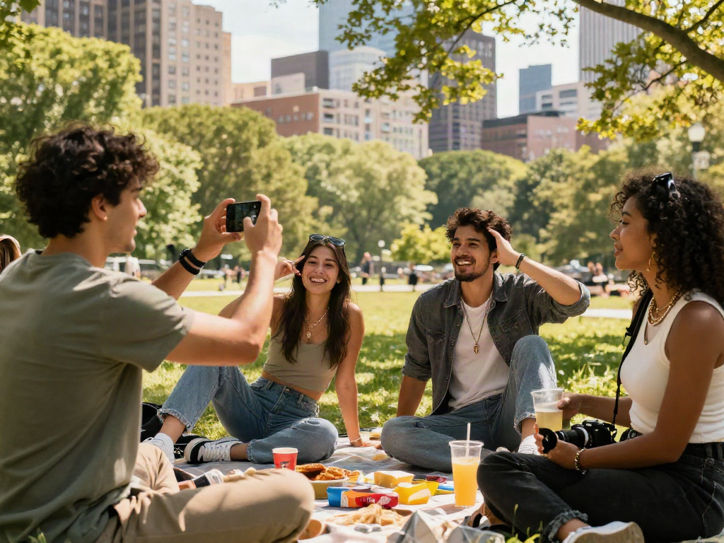 Group of friends having fun while wondering how old do I look in a vibrant urban park.