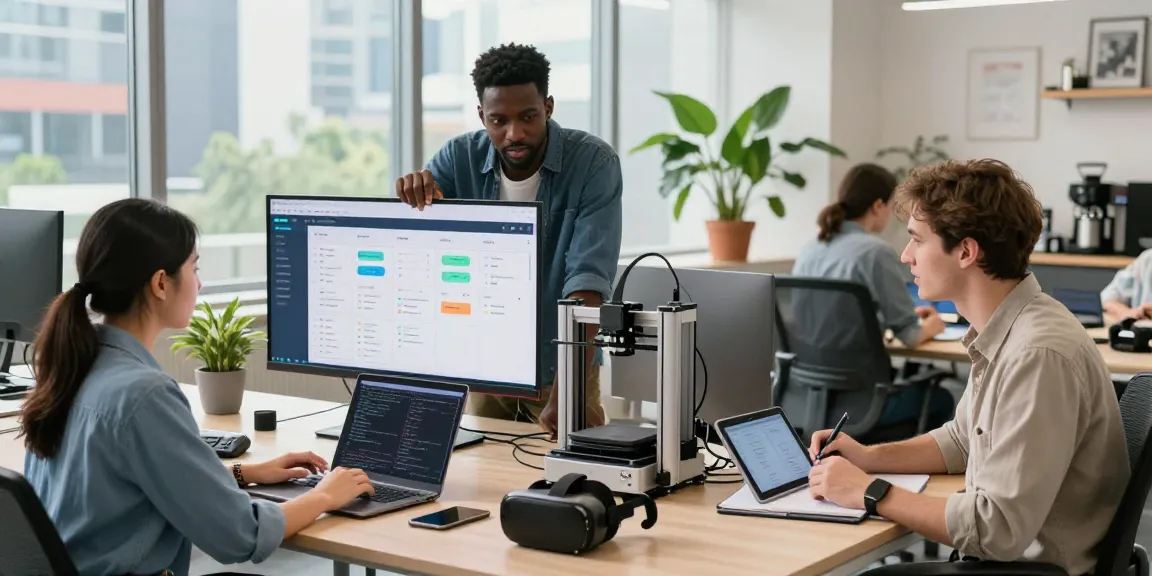 Team using bdtjl software for collaborative project management in a modern office