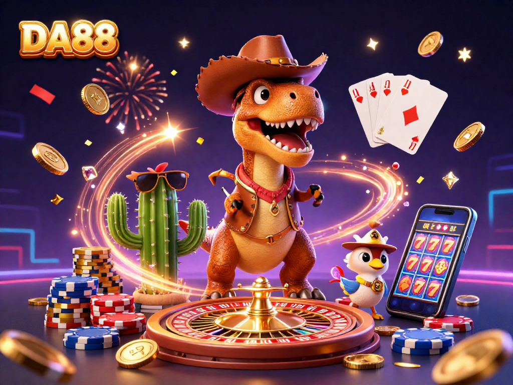 Engage in thrilling gaming experiences with DA88's vibrant cartoon characters in a lively casino scene.