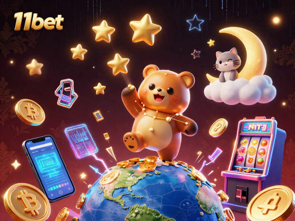 Engaging scene showcasing 11bet's constellation bear and vibrant casino elements for winning fun.