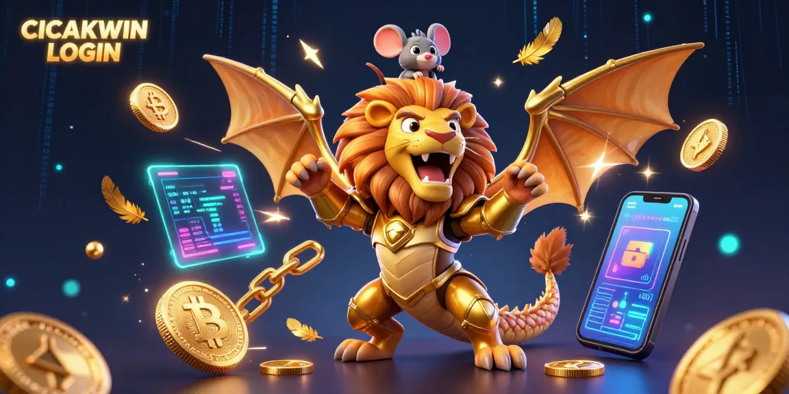 CICAKWIN LOGIN featuring a triumphant chimera creature and crypto elements in a vibrant 3D casino scene.