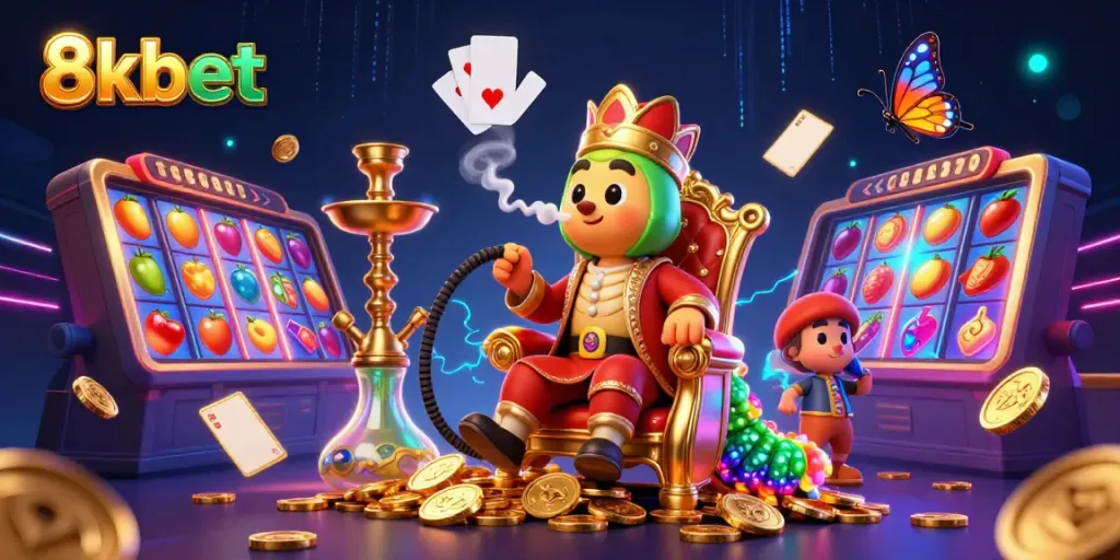 Experience the thrilling atmosphere of 8kbet with vibrant slot reels and engaging characters in an exciting casino setting.