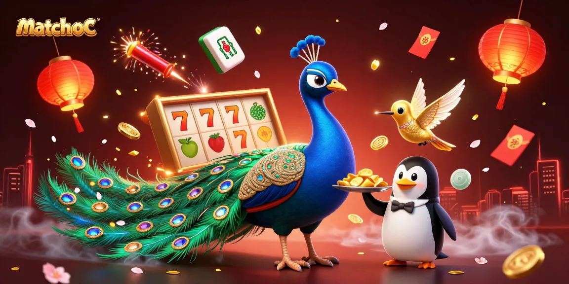 Engage with matchuoc in this vibrant casino-themed scene featuring a peacock and treasures.