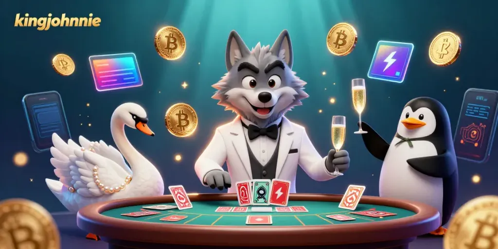 Engage in excitement at kingjohnnie Casino featuring a wolf, swan, and penguin amid vibrant crypto elements.