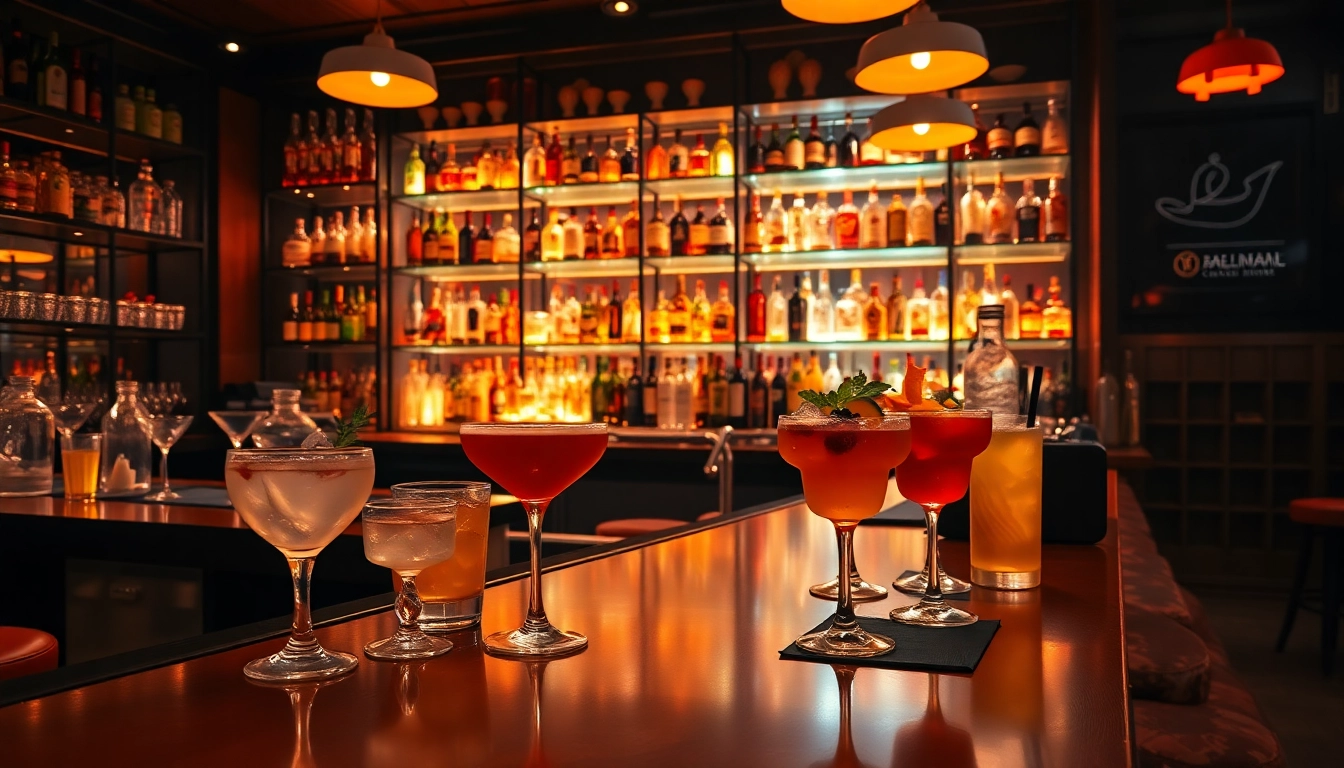 Enjoy the vibrant bar scene showcasing cocktails and a lively atmosphere.