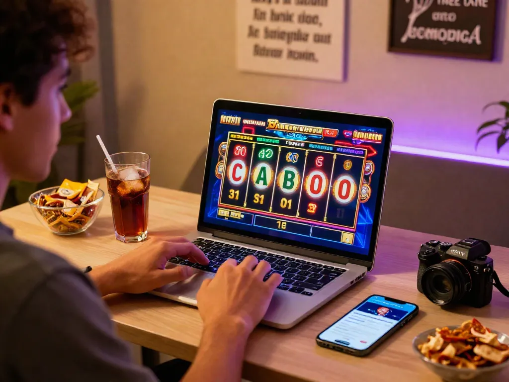 A player enjoying an engaging slot online game on their laptop, showcasing vibrant graphics and a cozy gaming atmosphere.