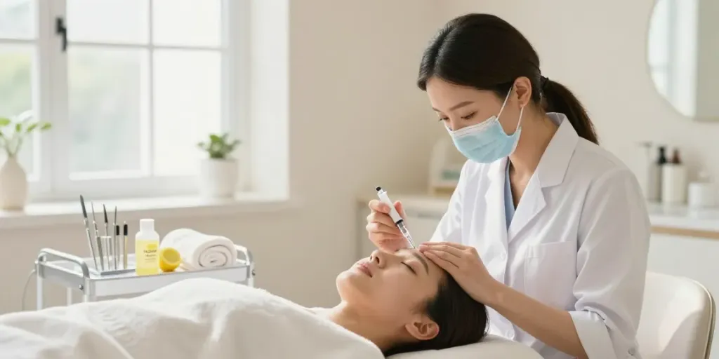 Lemon bottle peptide injection procedure being performed in a bright wellness clinic.