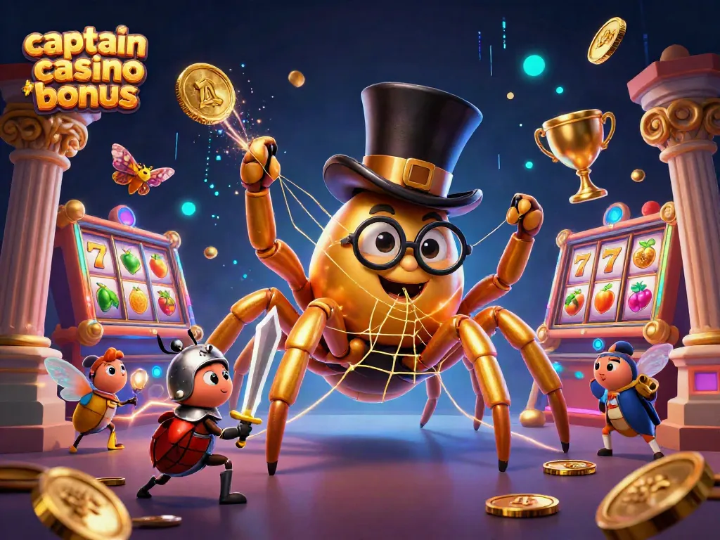 Engage with Captain Jack Casino bonus featuring a golden tarantula and beetle knight in a vibrant gaming scene.