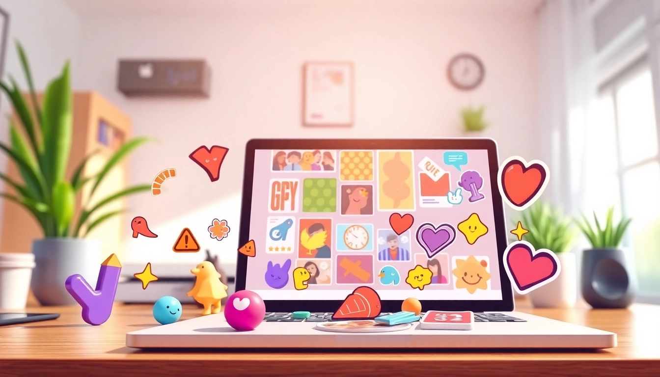 Klipy showcases vibrant GIFs and stickers in a dynamic digital workspace.