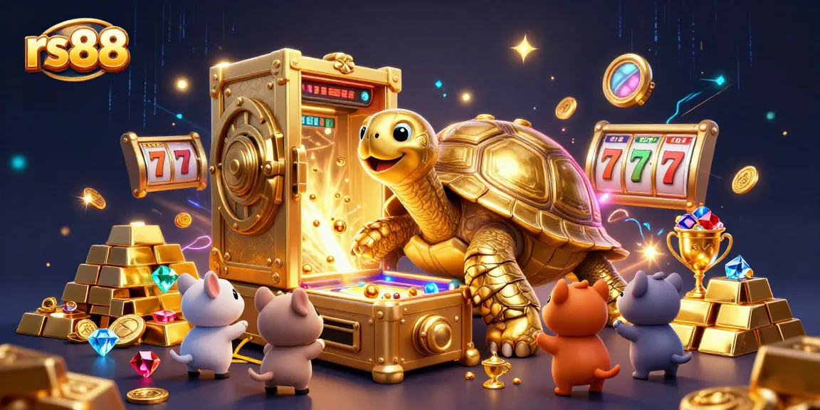 Experience excitement at rs88 with a colossal golden tortoise pinball machine amidst treasure.