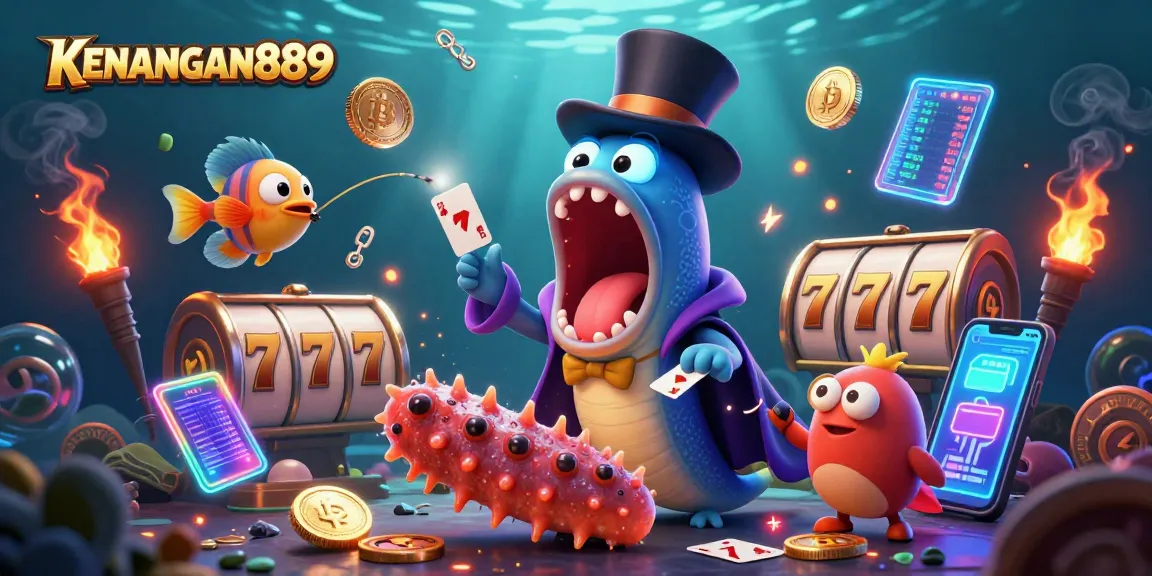 Experience thrilling wins at KENANGAN889 with dynamic slot reels surrounded by vibrant, 3D underwater characters.