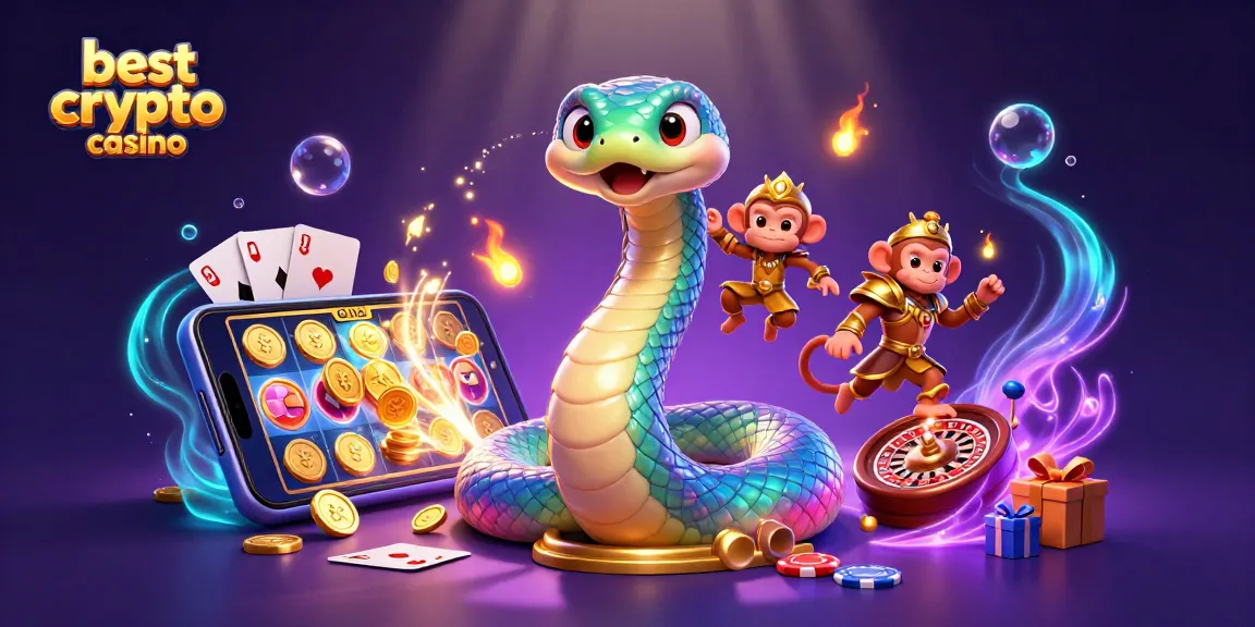 El mejor casino cripto muestra un divertido rey mono con una serpiente de colores brillantes en un entorno mágico.