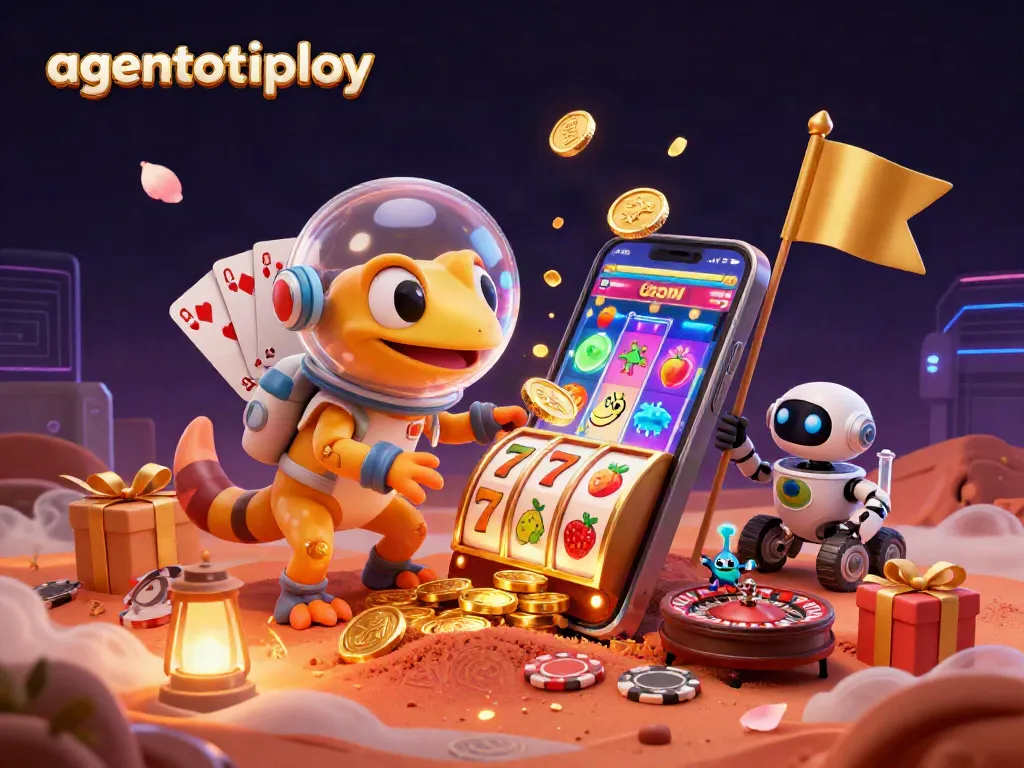 Engage with the exciting agentotoplay universe in this vibrant 3D illustration featuring a Martian gecko discovering a golden casino.