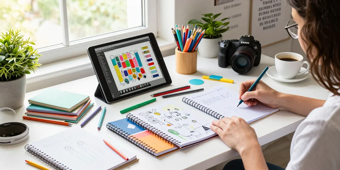 Custom printed notebooks designed for creative projects, vibrant stationery, and workspace inspiration.