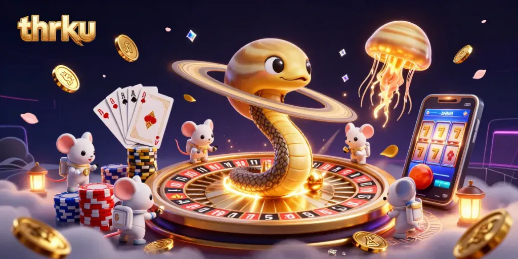 Place bets on cosmic roulette with thrilling thrku gaming elements in an engaging 3D casino illustration.