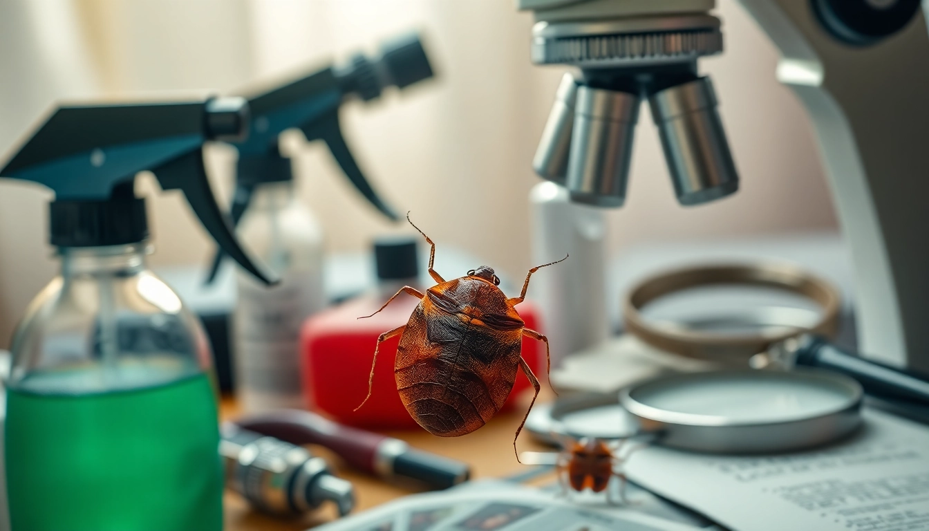 Close-up of bed bug treatment tools around a bed bug, showcasing effective pest control methods.