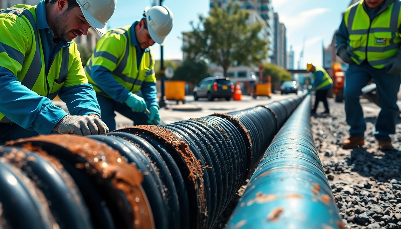 Technicians installing Pipeline Rehabilitation CIPP Liner using trenchless methods in urban settings.