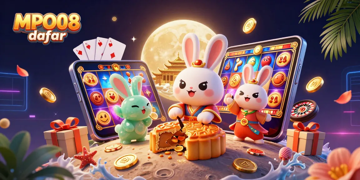 Engaging 3D illustration showcasing MPO08 daftar with a moon rabbit and vibrant casino elements.