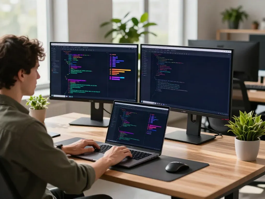 Developer coding at a stylish office desk with dual monitors showcasing v2rayN官网 features.