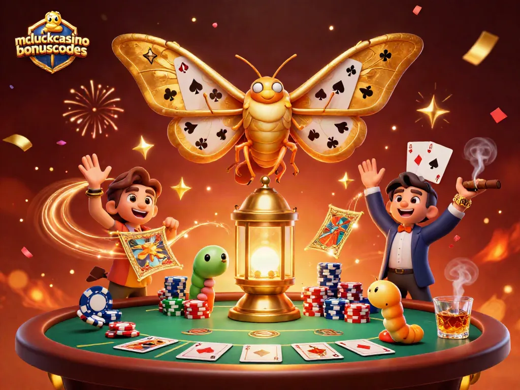 Engage with mcluckcasinobonuscodes at a vibrant casino scene featuring 3D characters and poker elements.