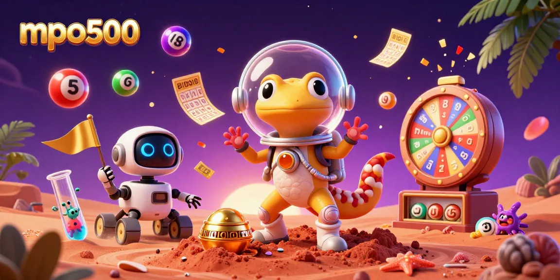 Win big with mpo500's vibrant casino adventure featuring a Martian gecko and dynamic lottery elements.