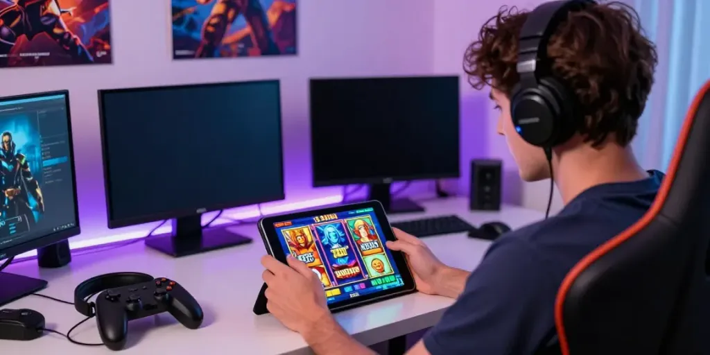 Player engaging with a slot server Thailand game on a tablet, surrounded by gaming accessories.