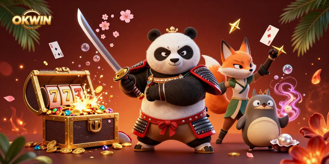 Engage with OKWIN's vibrant gaming adventure featuring a samurai panda, ninja fox, and treasure-filled scene.