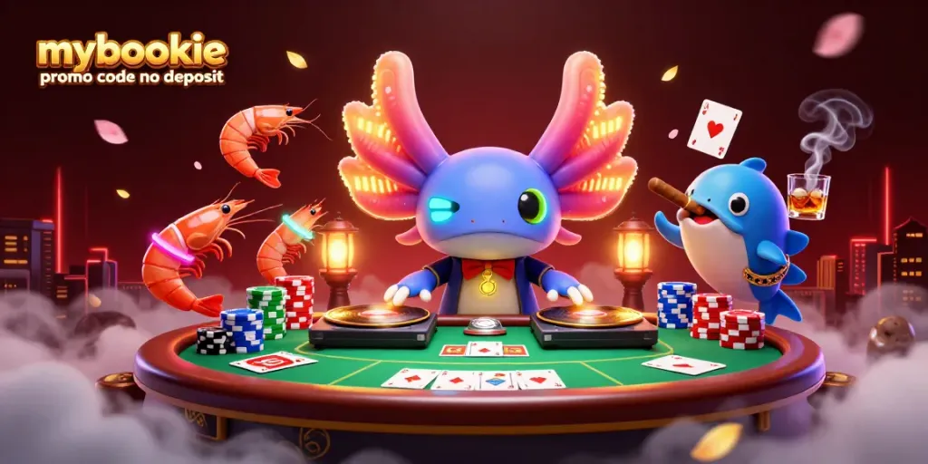 Engage with the mybookie promo code no deposit in a vibrant underwater casino scene featuring a neon-colored DJ and lively shrimp dancers.
