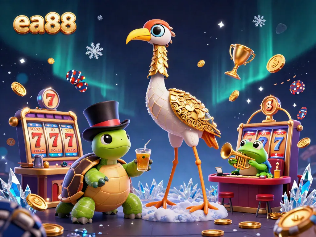 ea88 gặp gỡ các nhân vật hoạt hình tại sòng bạc với những biểu tượng slot và huy chương vàng lấp lánh.
