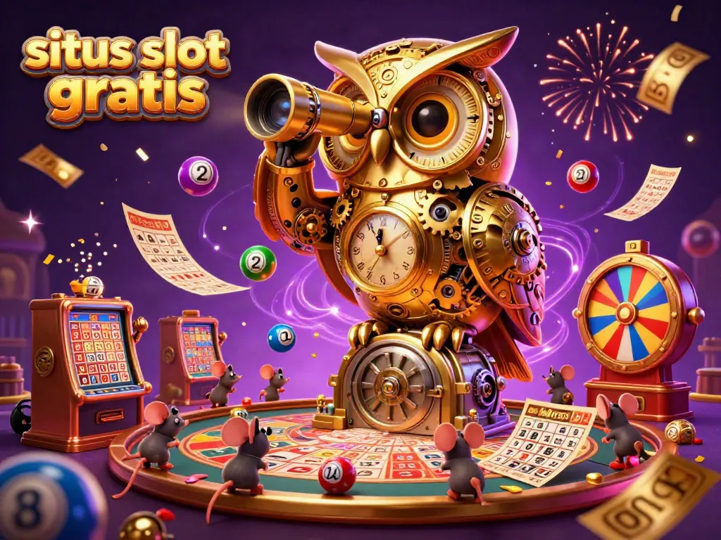 Experience exciting situs slot gratis action with vibrant casino elements like an owl and bouncing lottery balls.