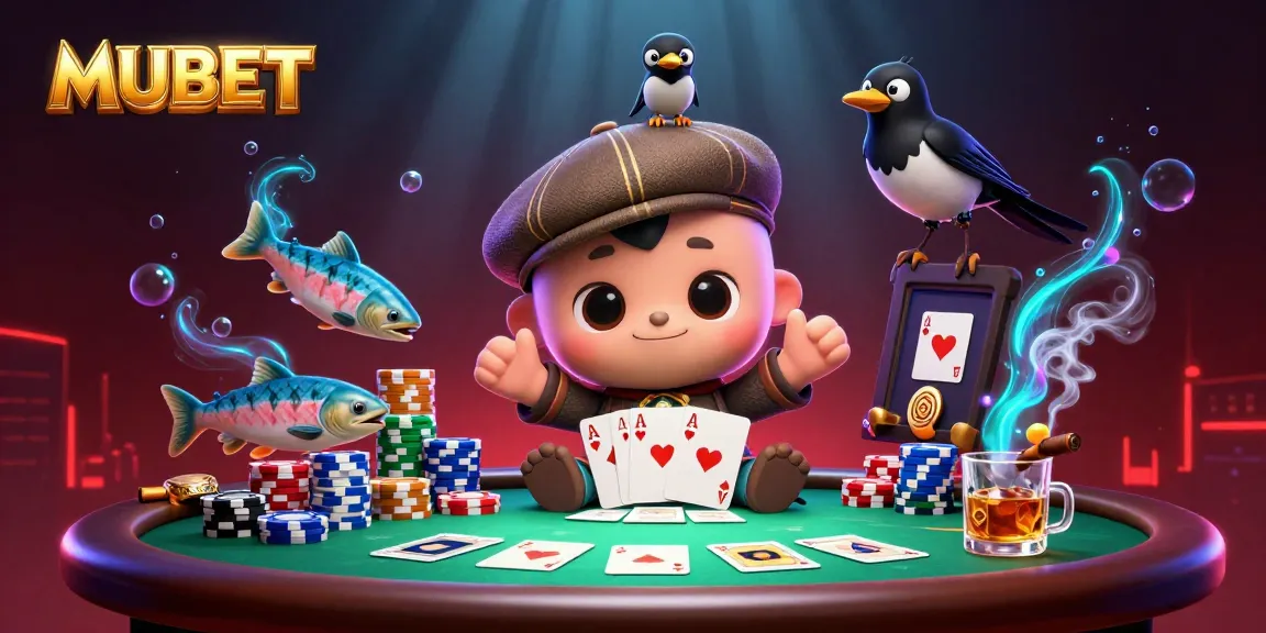 MUBET's vibrant casino scene where cartoon baby Nessie plays poker, enhancing the gaming experience.
