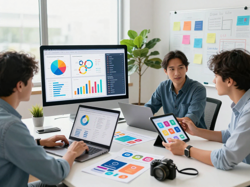 Engaging collaboration scene in a digital marketing workspace for buy android installs strategies, showcasing analytics and app design discussions.