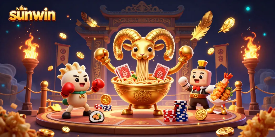 Catch exhilarating wins with Sunwin in a vibrant animated casino scene featuring a playful ramen bowl and friends.